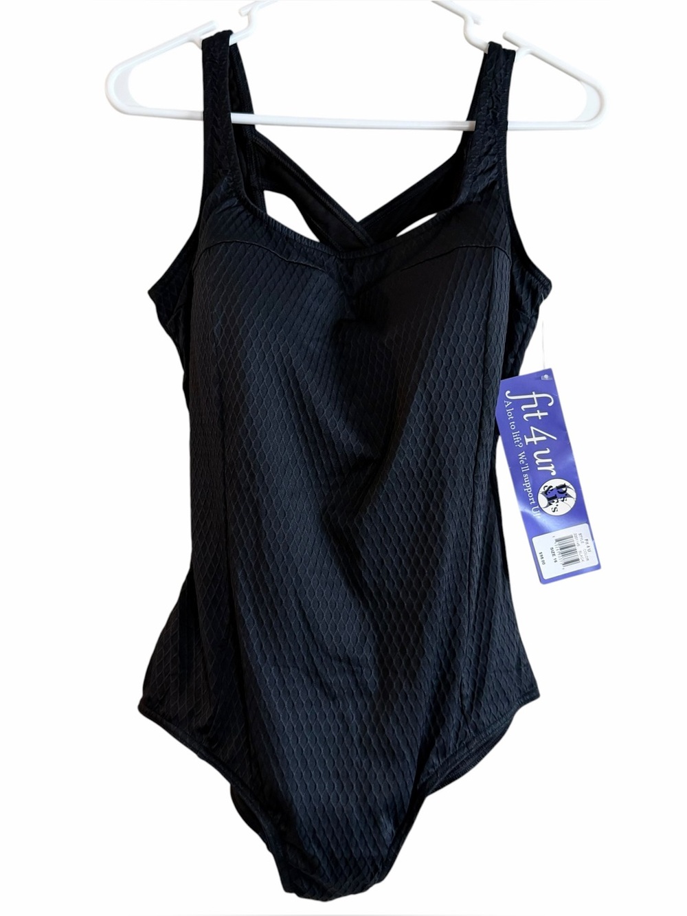 Fit 4 U One-Piece Black Textured Lifting Swimming Shapewear Swimsuit Size 16 NWT